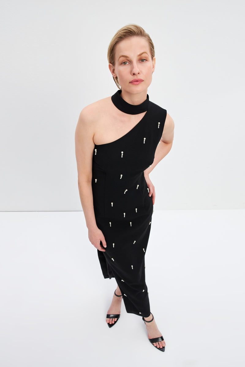 Setre Pearl And Neck Detail Slit Midi Dress Black