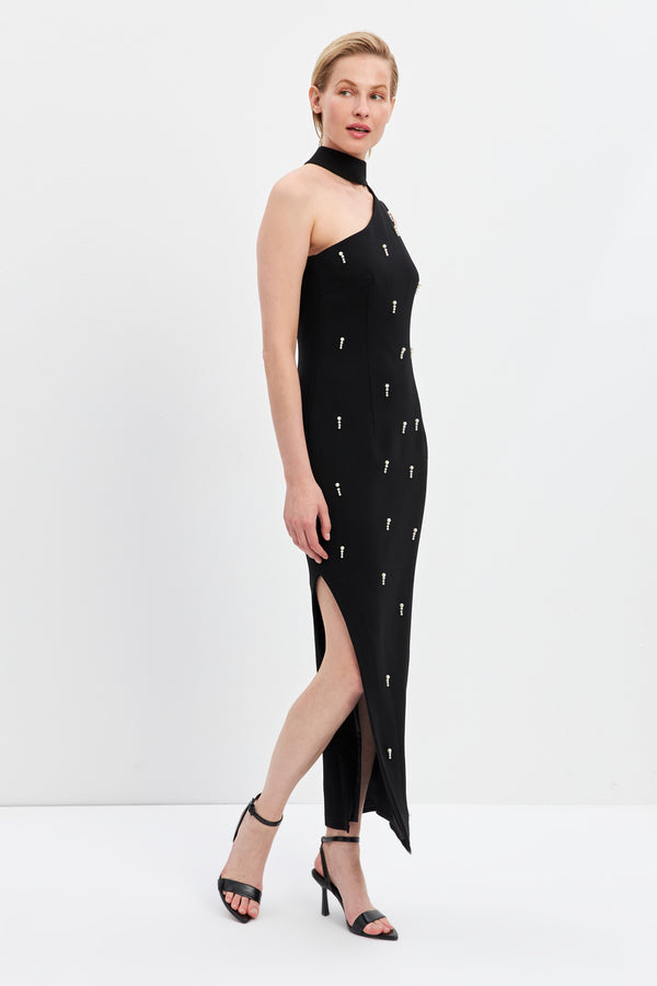 Setre Pearl And Neck Detail Slit Midi Dress Black