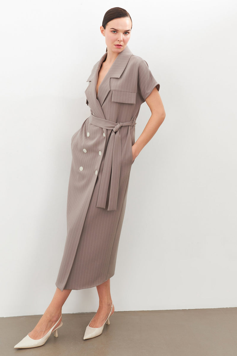 Setre Striped Belted Midi Dress Grey