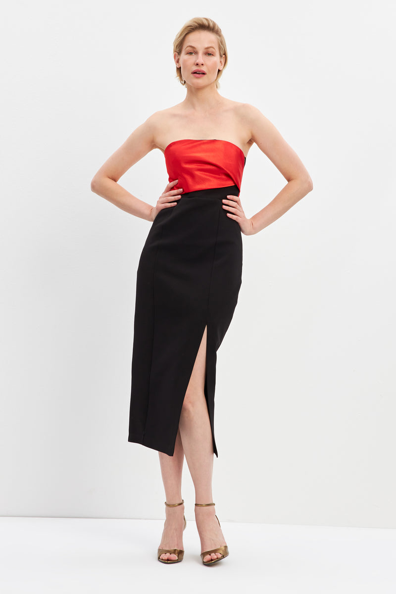 Setre Strapless Slit Detailed Midi Dress Black-Red