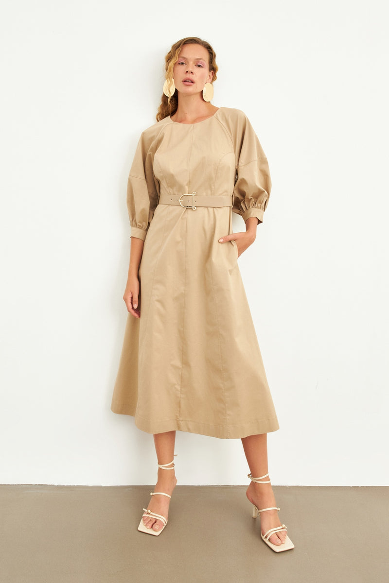 Setre Balloon Sleeve Midi Dress Beige