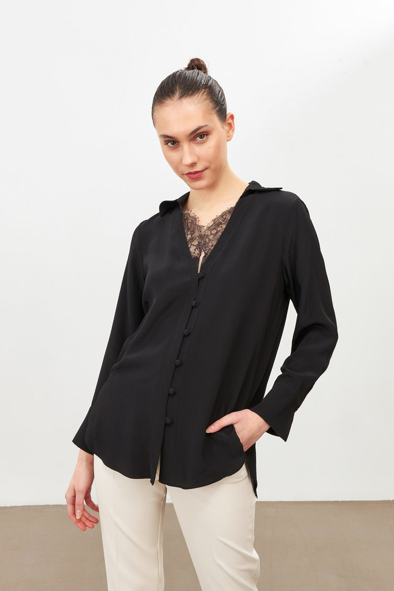 Setre Lace Detail Long Sleeve Shirt With Collar Black