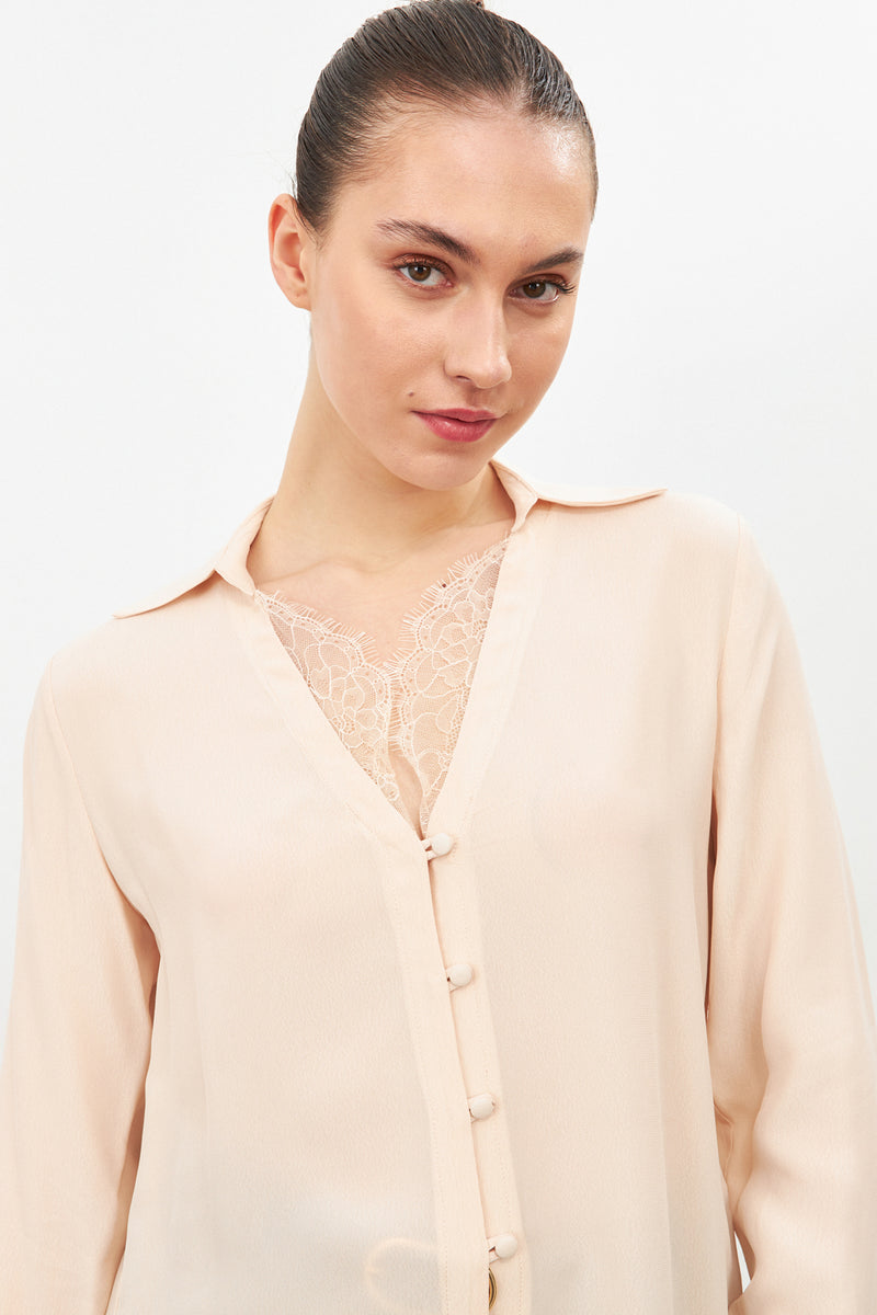 Setre Lace Detail Long Sleeve Shirt With Collar Beige