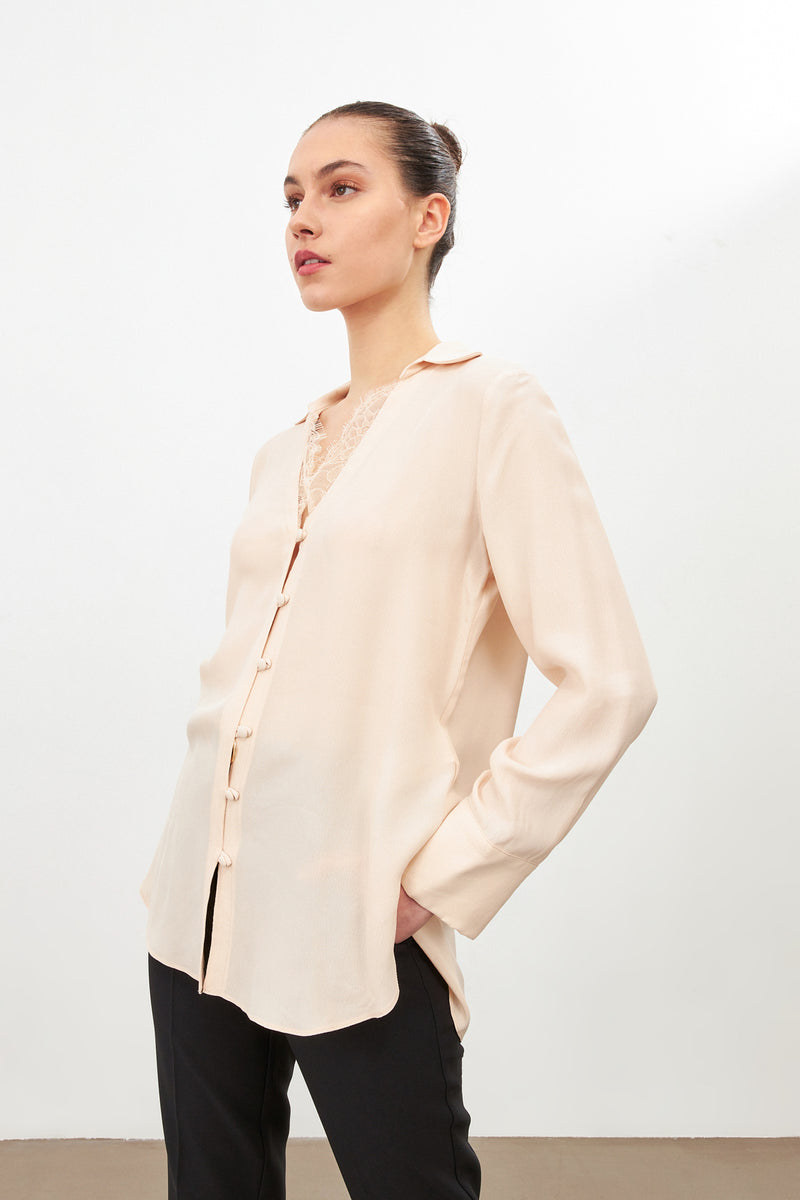 Setre Lace Detail Long Sleeve Shirt With Collar Beige