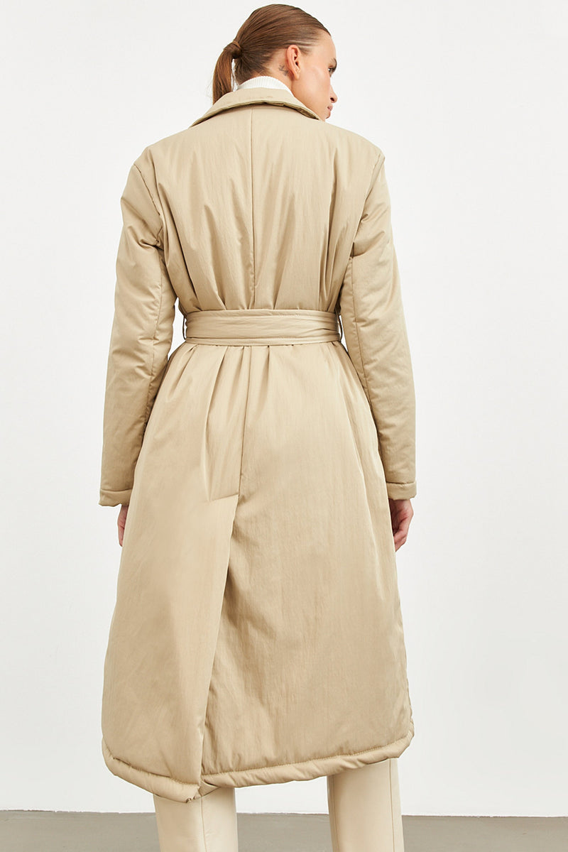 Setre Shiny And Belt Detailed Long Coat Beige