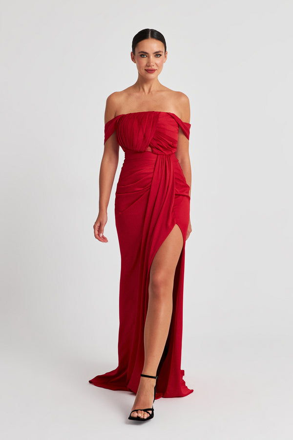 Setre Strapless Slit Detailed Evening Dress Red