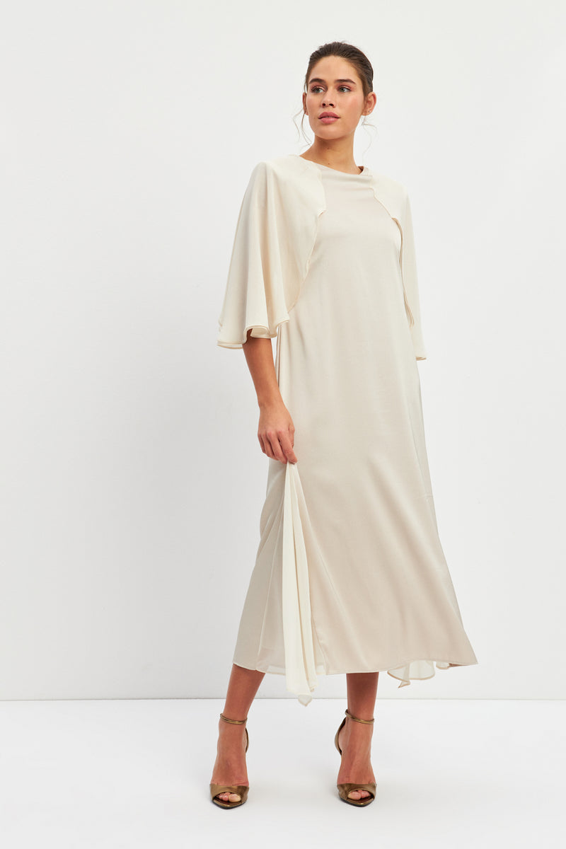 Setre Wide Sleeve Pleat Detail Dress Beige