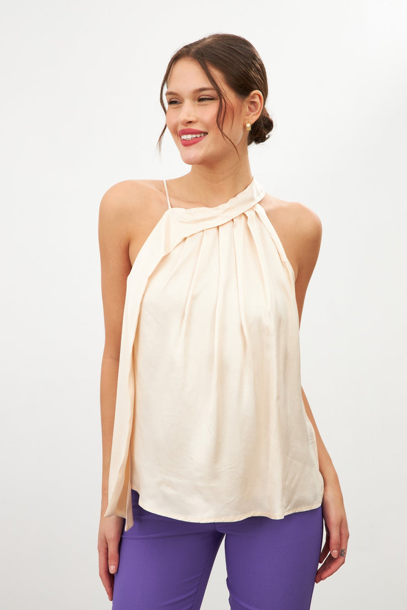 Setre Asymmetric Neck Detail String Strapped Blouse Beige