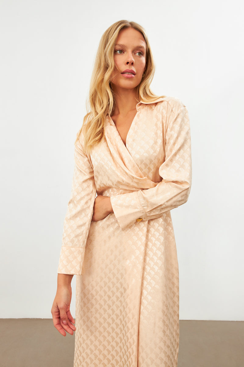 Setre Patterned Wrap Detail Midi Dress Beige