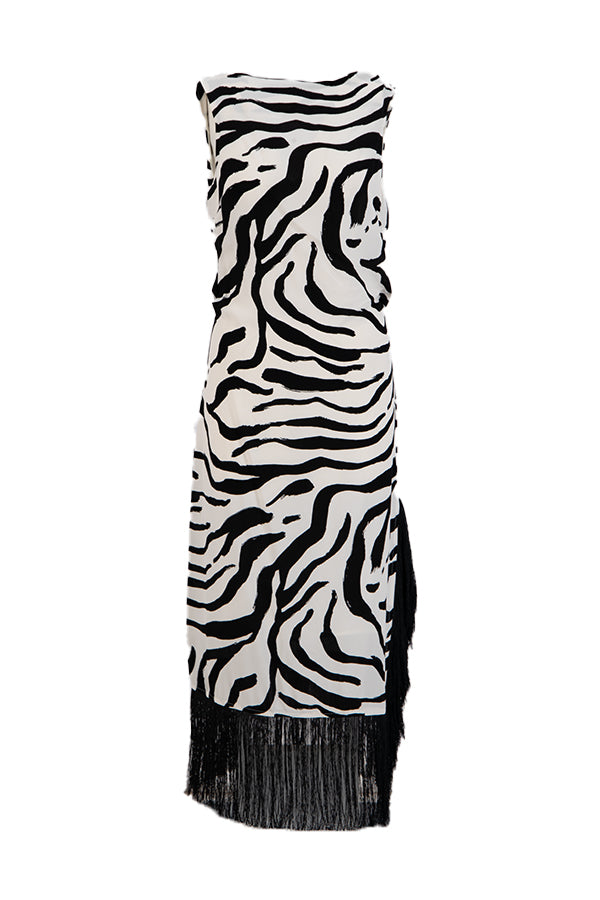 Setre Zebra Print Sleeveless Fringed Dress Black/White