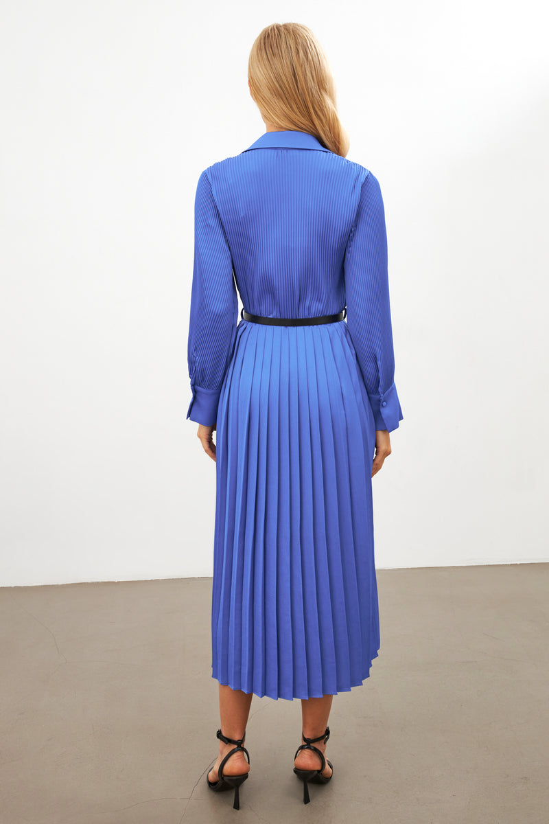 Setre Belted Pleated Shirt Collar Long Sleeve Dress Blue