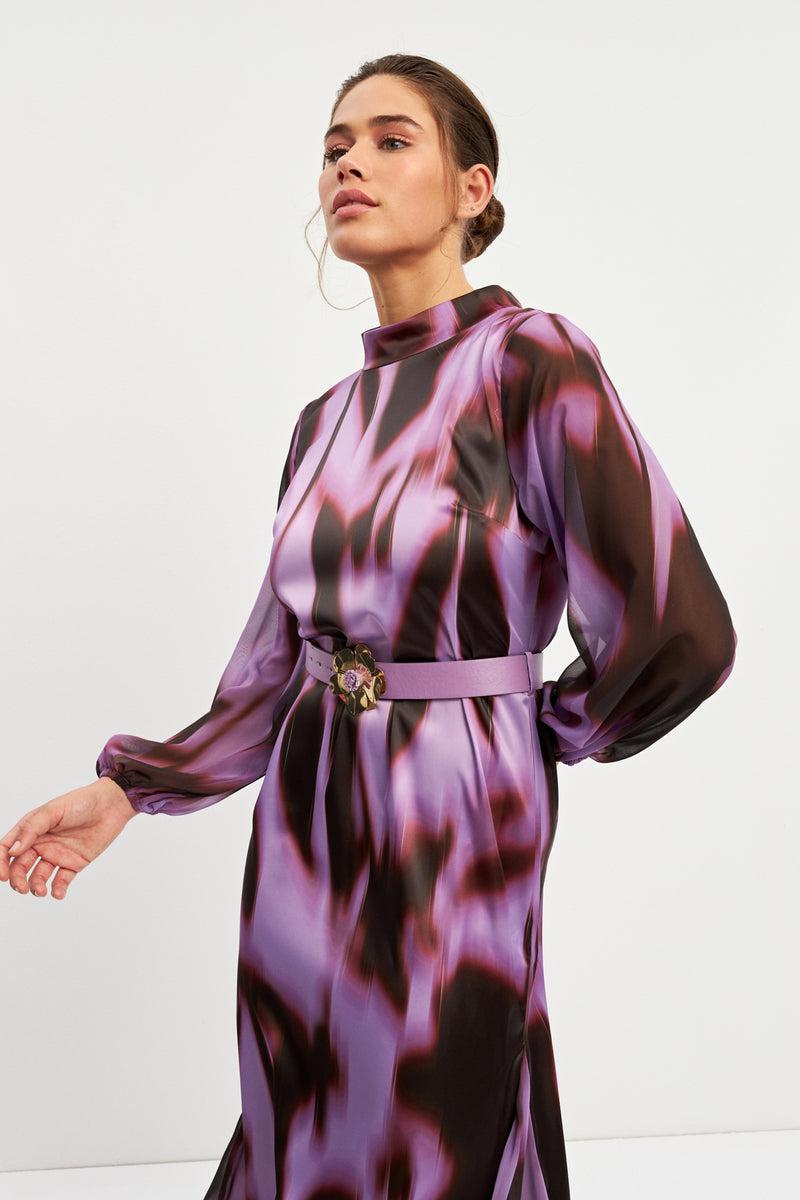 Setre Balloon Sleeve Patterned Dress Purple