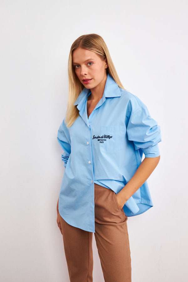 Setre Text Embroidered Solid Shirt Blue