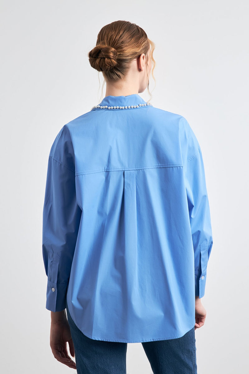 Setre Collar-Pearl Embellished Shirt Blue