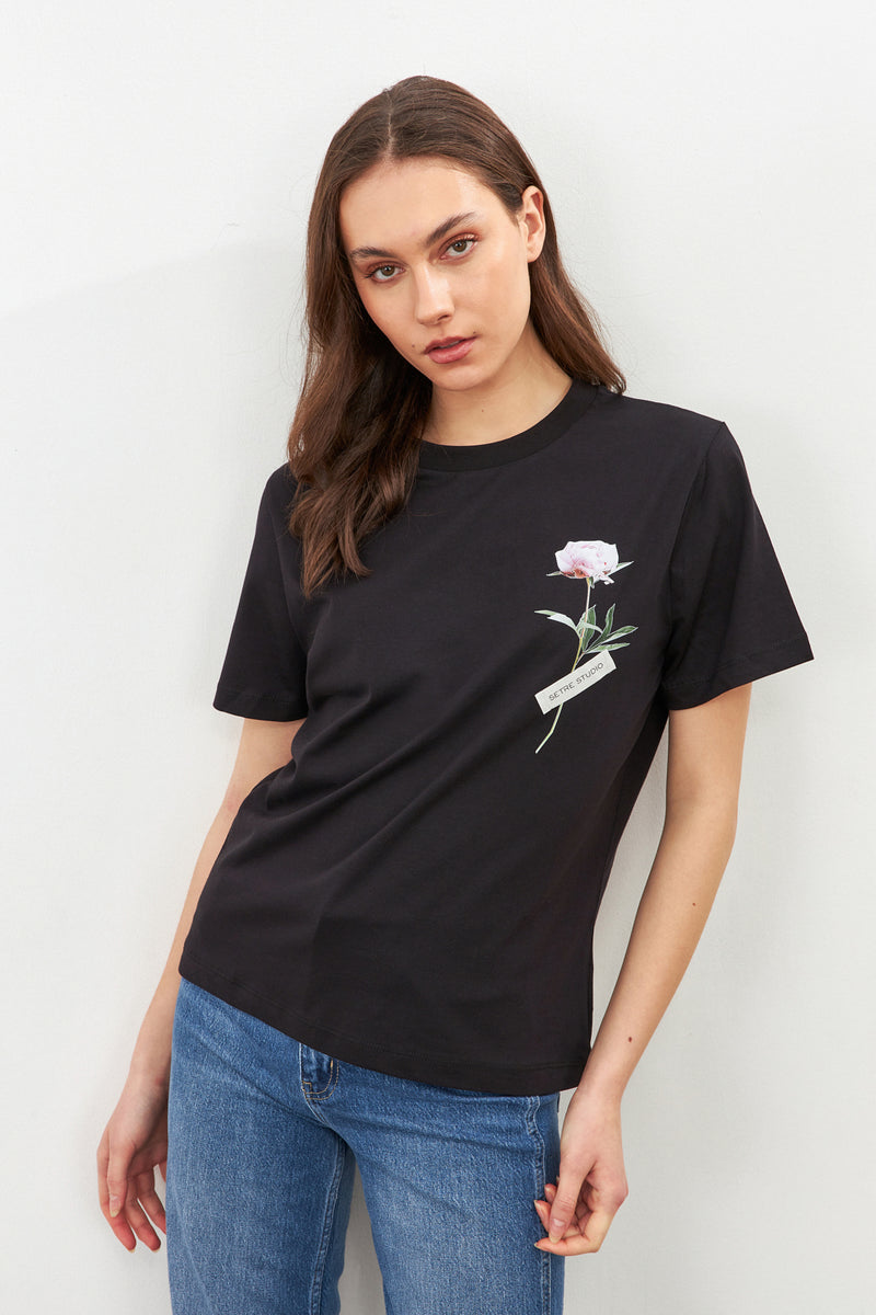 Setre Flower Detail Setre Banded T-Shirts Black