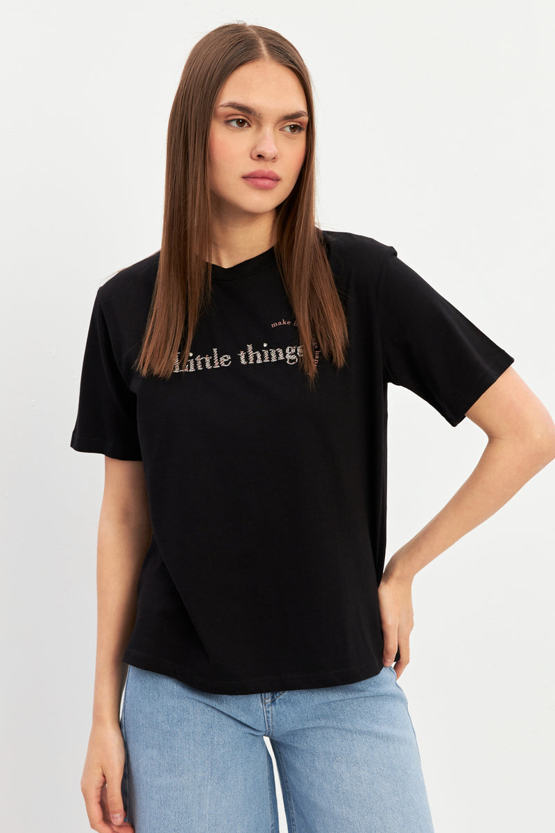 Setre Mini Print Detailed Crew Neck T-Shirt Black