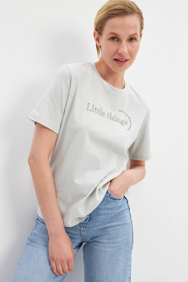 Setre Mini Print Detailed Crew Neck T-Shirt Beige