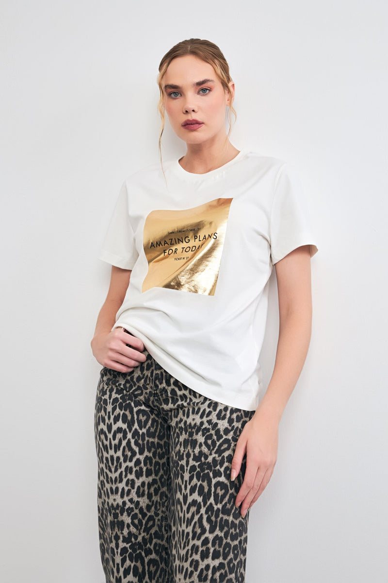 Setre Shiny Print Detailed T-Shirt Ecru