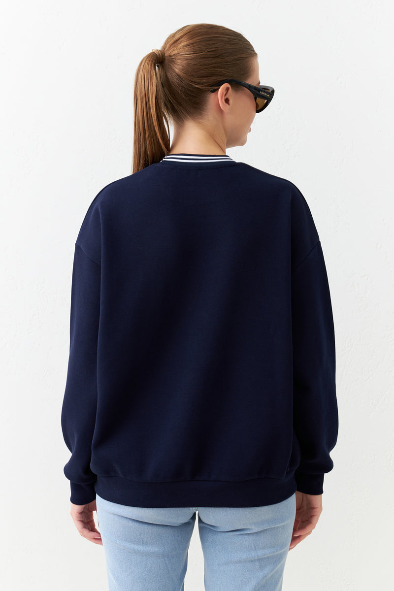 Setre Collar Detailed Print Detailed Sweatshirt Navy