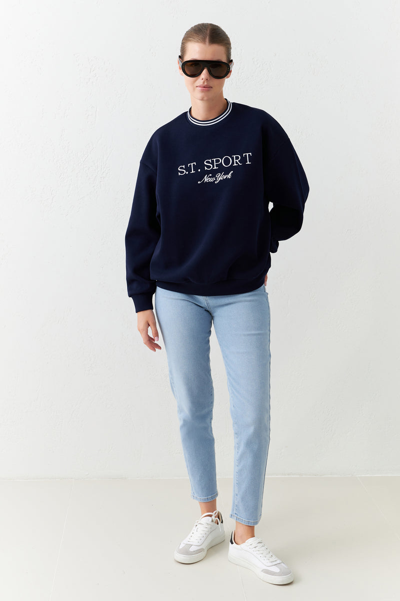 Setre Collar Detailed Print Detailed Sweatshirt Navy