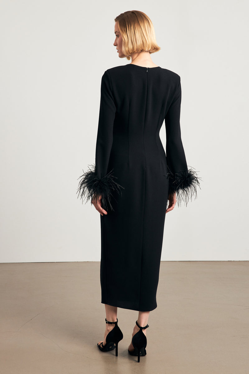 Setre Midi Dress With Feather Sleeves Black