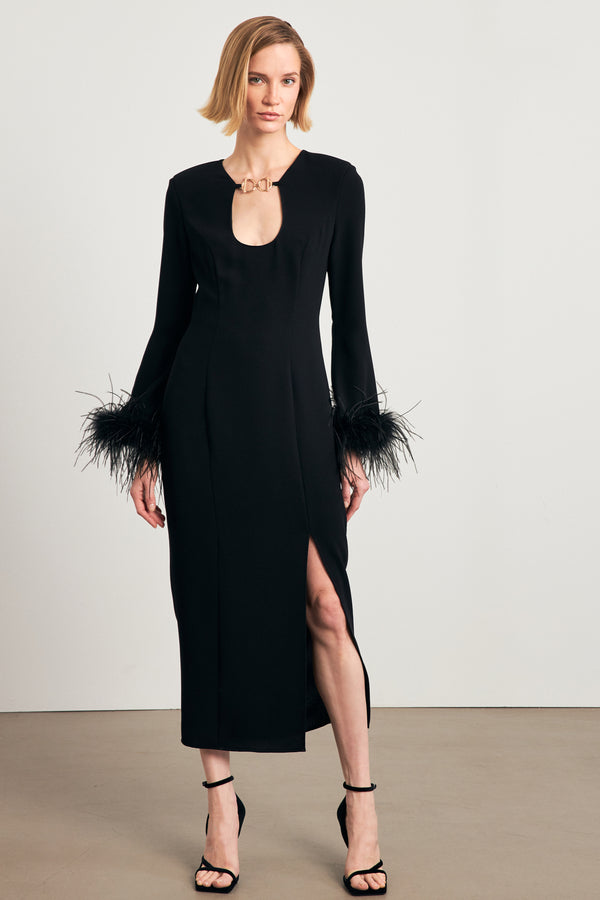 Setre Midi Dress With Feather Sleeves Black