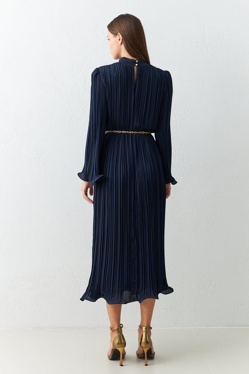 Setre Turtleneck Belt Detailed Midi Full Fit Dress D. Navy