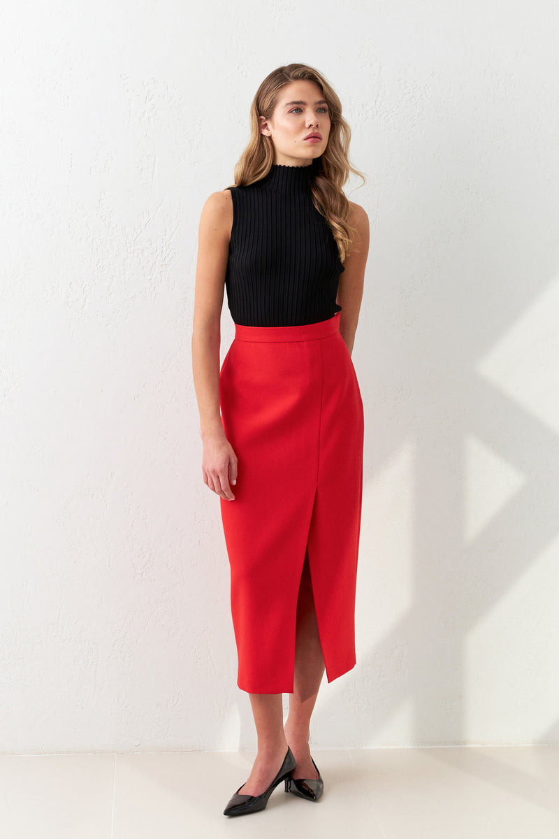 Setre Asymmetrical Waist Slit Detailed Midi Skirt Red