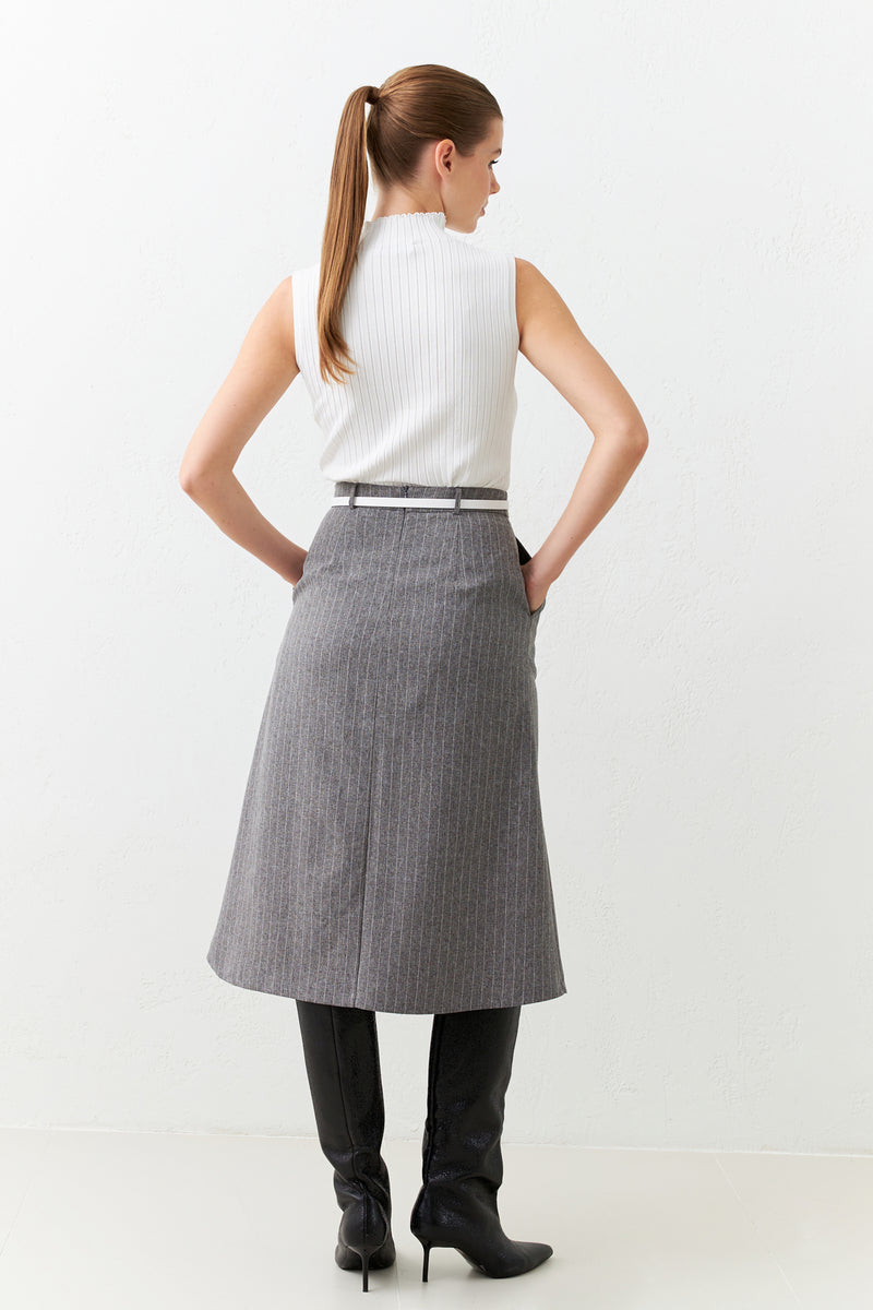 Setre Striped Asymmetrical Detailed Pocket Midi Skirt Grey