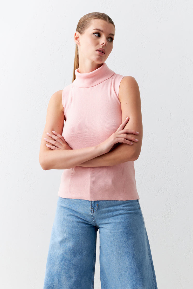 Setre Neck Basic Sleeveless Knitted Blouse Powder Pink