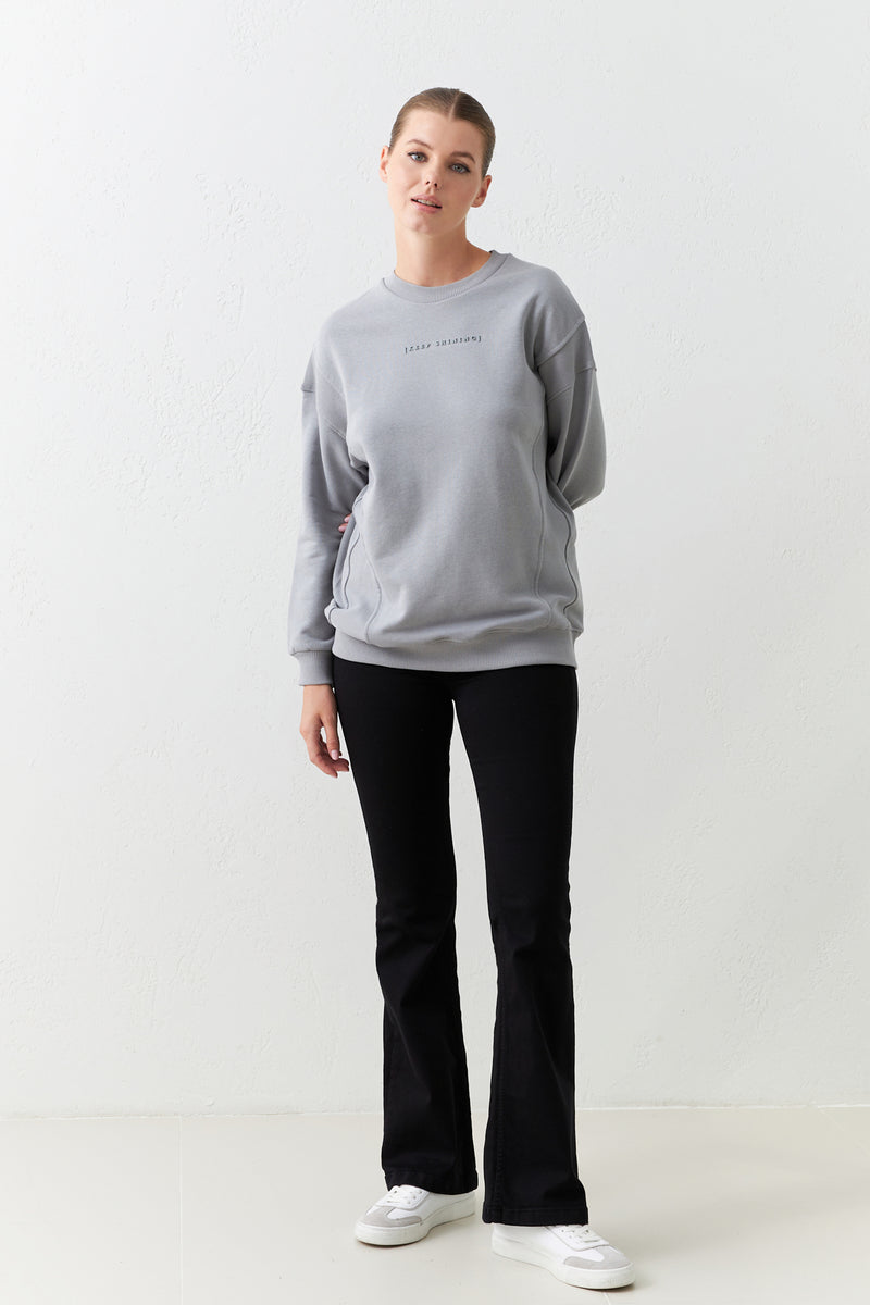 Setre Print And Crew Neck Shoulder Detailed Sweatshirt Grey