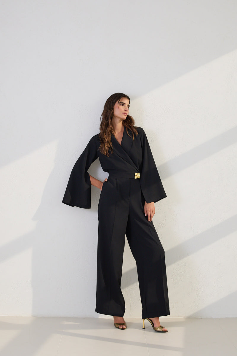 Setre Sleeve Detailed Waist Belted Jumpsuit Black