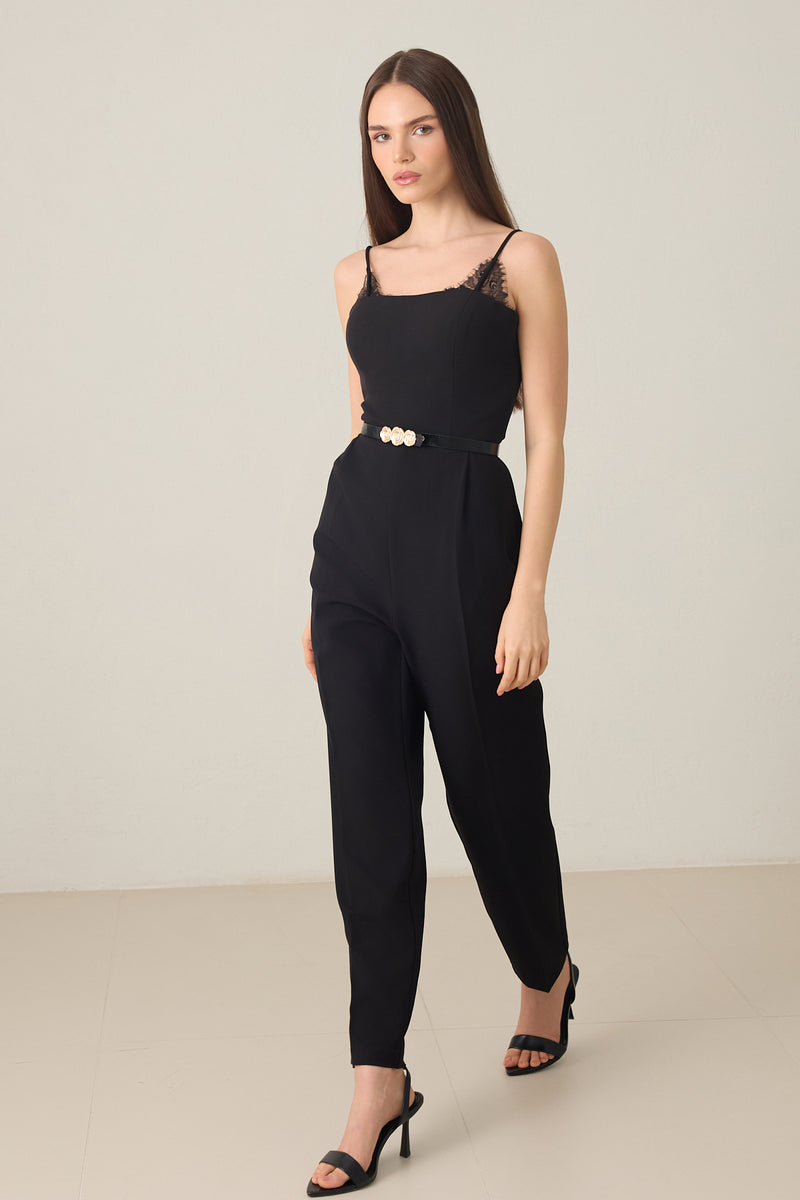 Setre Belted Lace Detailed Strapless Jumpsuit Black