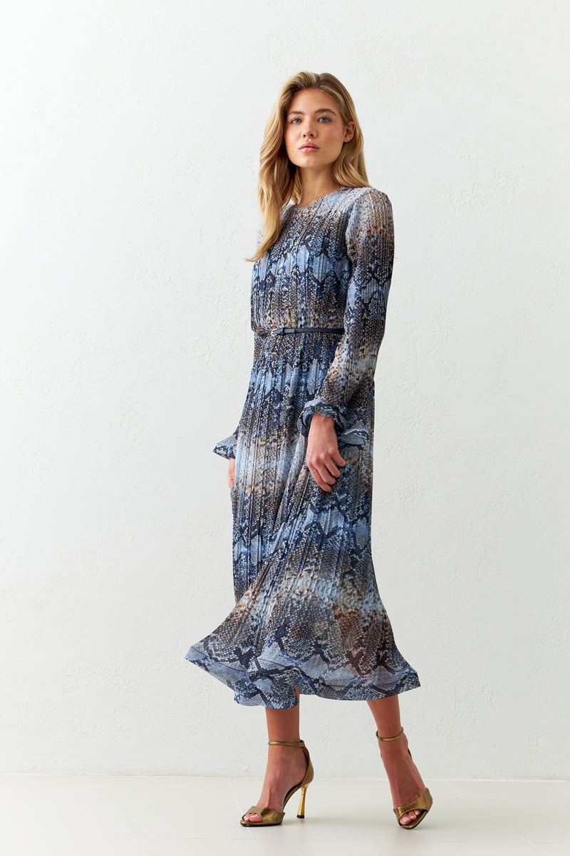 Setre Waist Belted Patterned Long Sleeve Midi Dress Blue