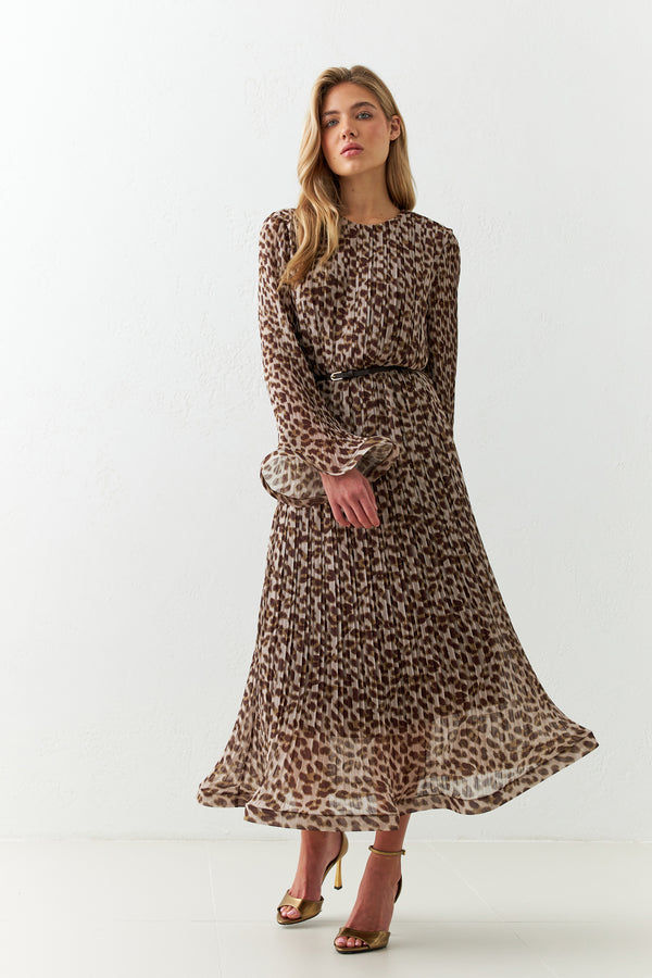 Setre Midi Patterned Dress With Pleats And Sleeve Detail Brown