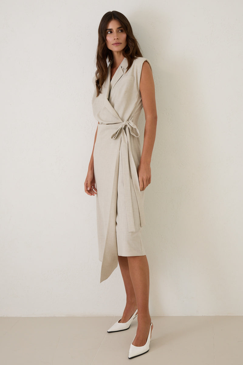 Setre Asymmetrical Neck Tie Detail Sleeveless Midi Dress Beige