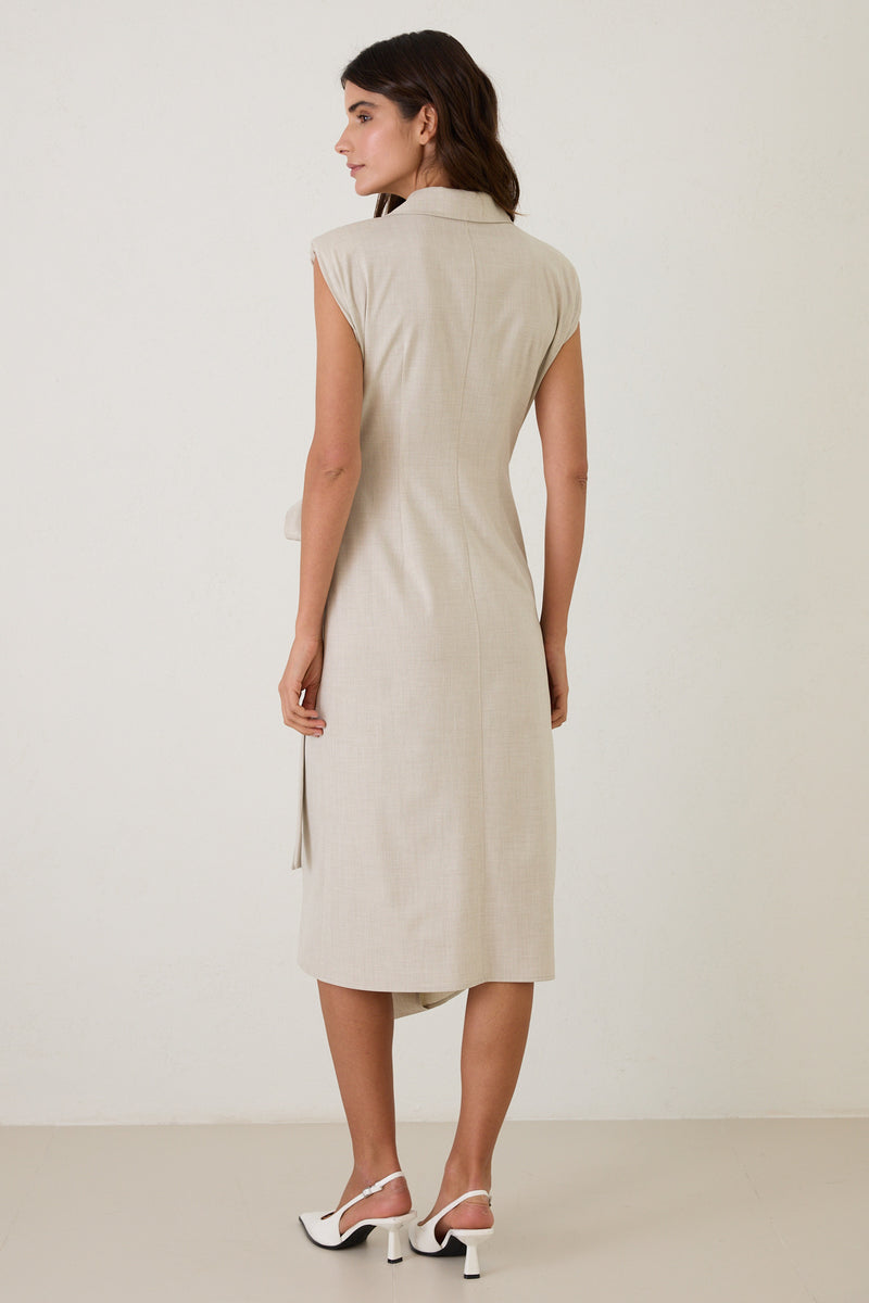 Setre Asymmetrical Neck Tie Detail Sleeveless Midi Dress Beige