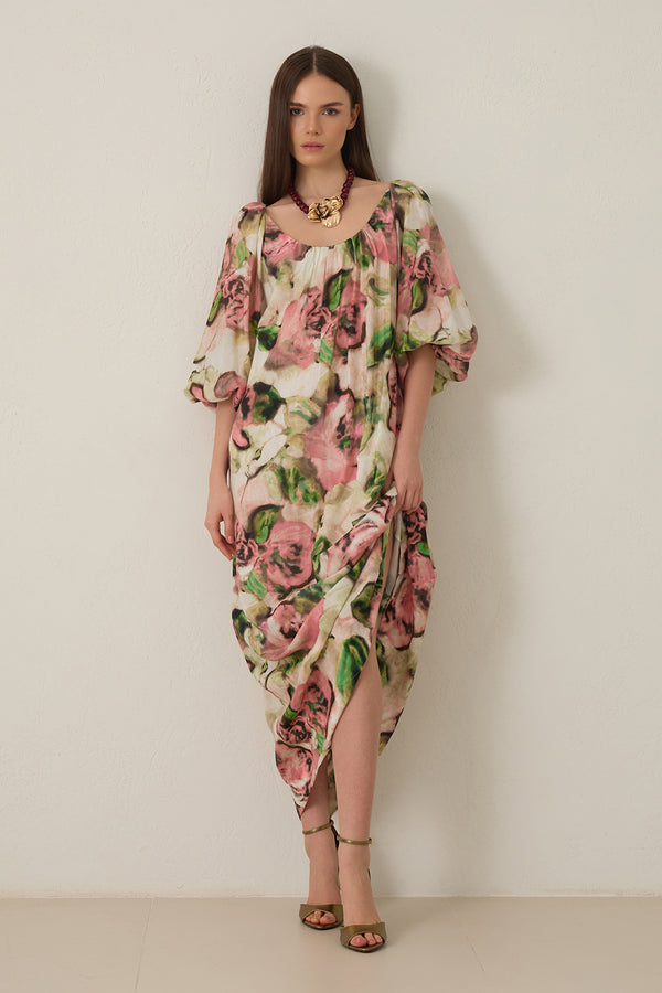 Setre Boat Neck Pattern Detailed Relaxed Cut Dress Pink