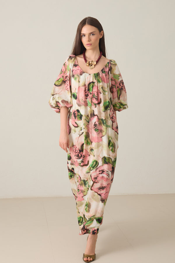 Setre Boat Neck Pattern Detailed Relaxed Cut Dress Pink