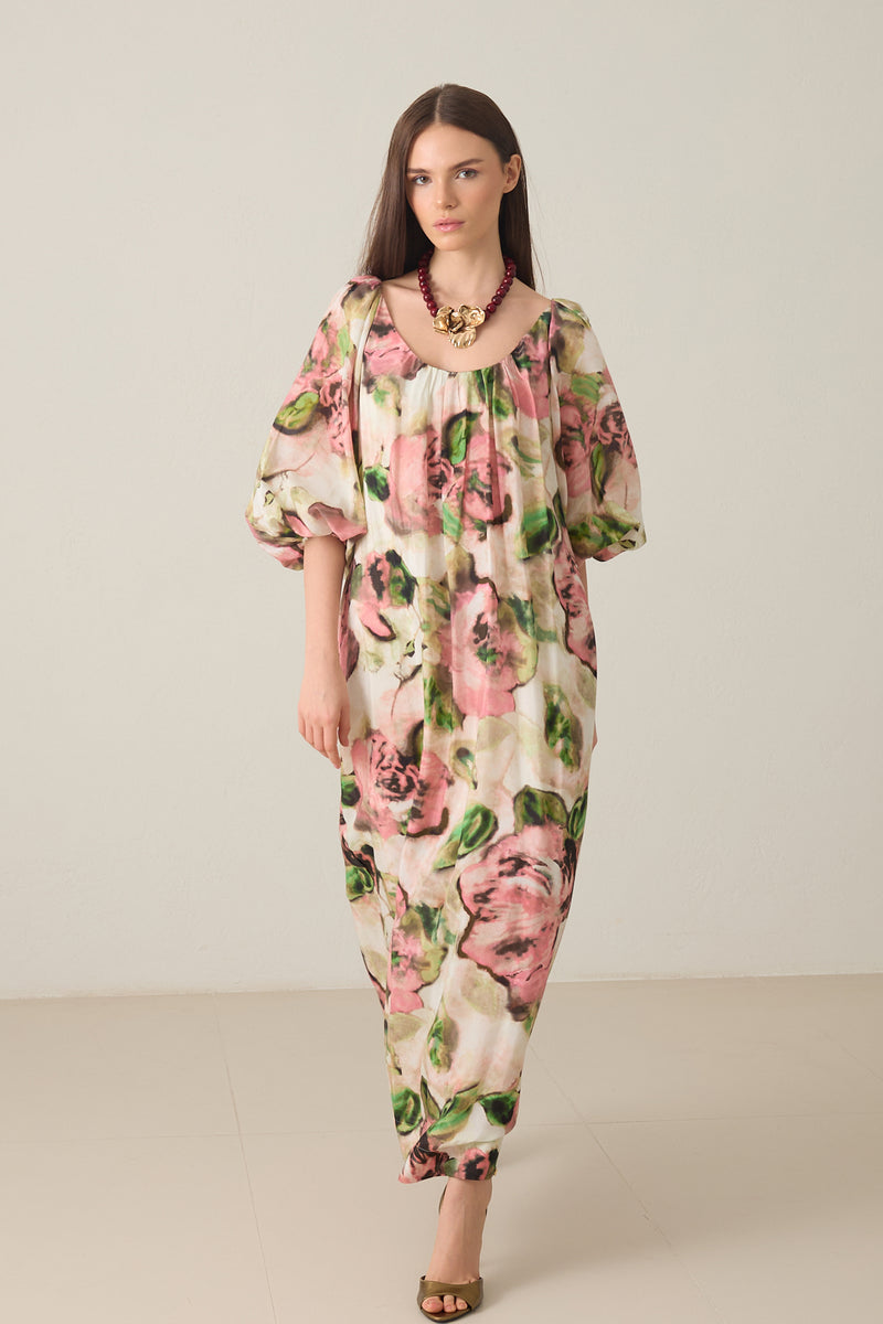 Setre Boat Neck Pattern Detailed Relaxed Cut Dress Pink