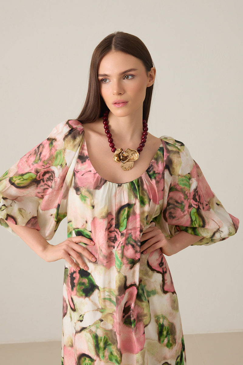 Setre Boat Neck Pattern Detailed Relaxed Cut Dress Pink