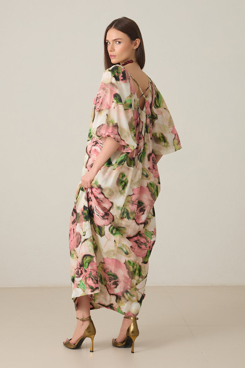 Setre Boat Neck Pattern Detailed Relaxed Cut Dress Pink