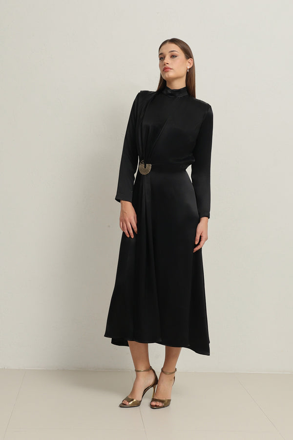 Setre Waist Buckle Detailed Turtleneck Midi Length Dress Black