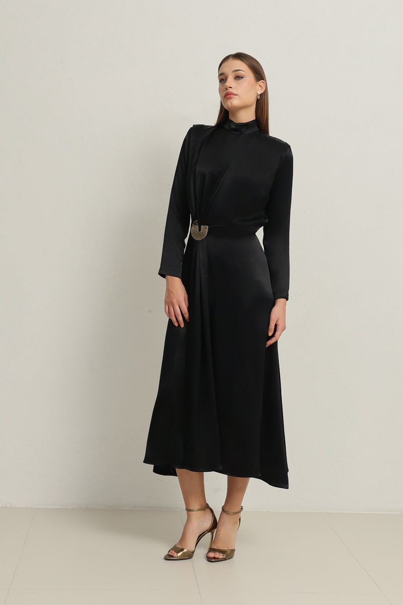 Setre Waist Buckle Detailed Turtleneck Midi Length Dress Black