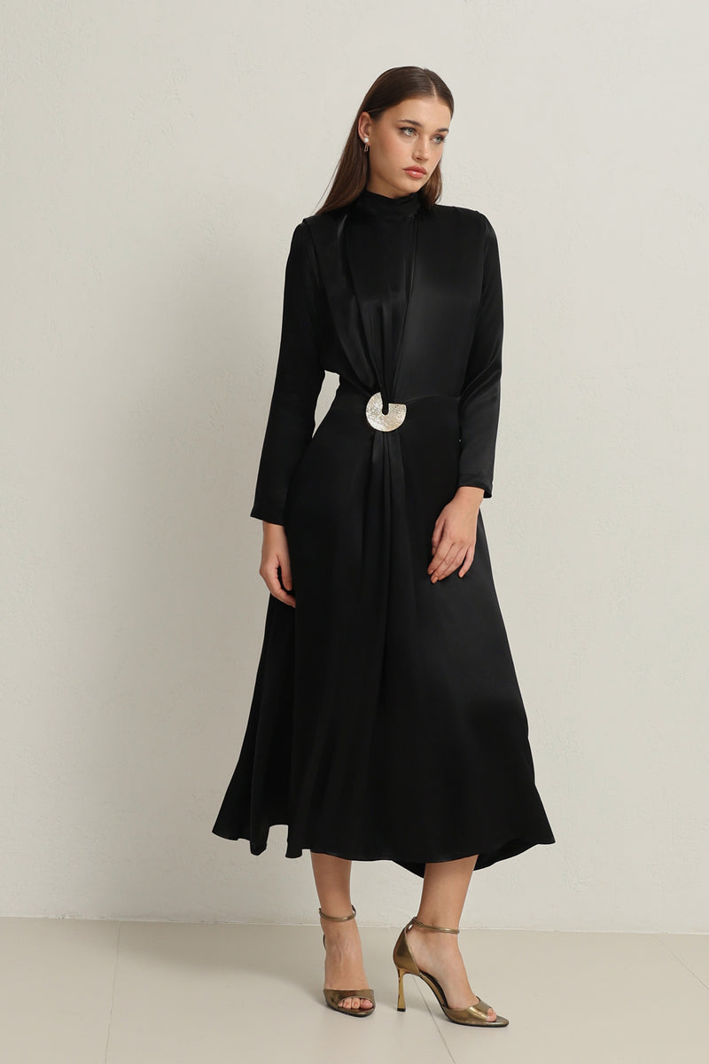 Setre Waist Buckle Detailed Turtleneck Midi Length Dress Black