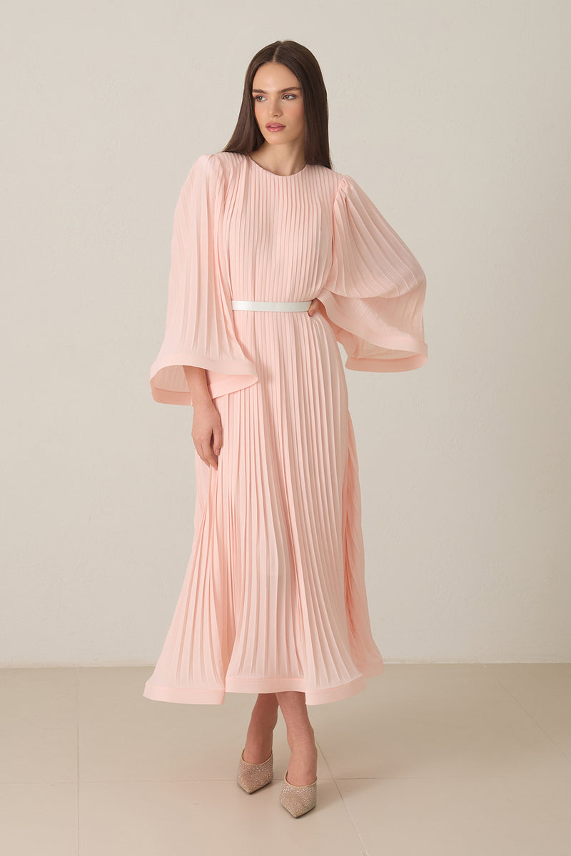 Setre Waist Belt And Pleat Detailed Midi Length Dress Powder Pink