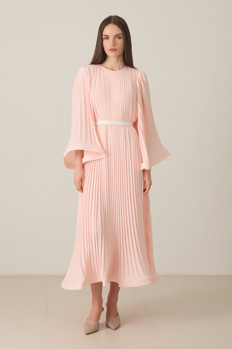 Setre Waist Belt And Pleat Detailed Midi Length Dress Powder Pink