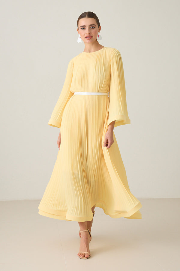 Setre Waist Belt And Pleat Detailed Midi Length Dress Light Yellow