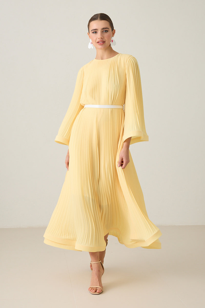 Setre Waist Belt And Pleat Detailed Midi Length Dress Light Yellow