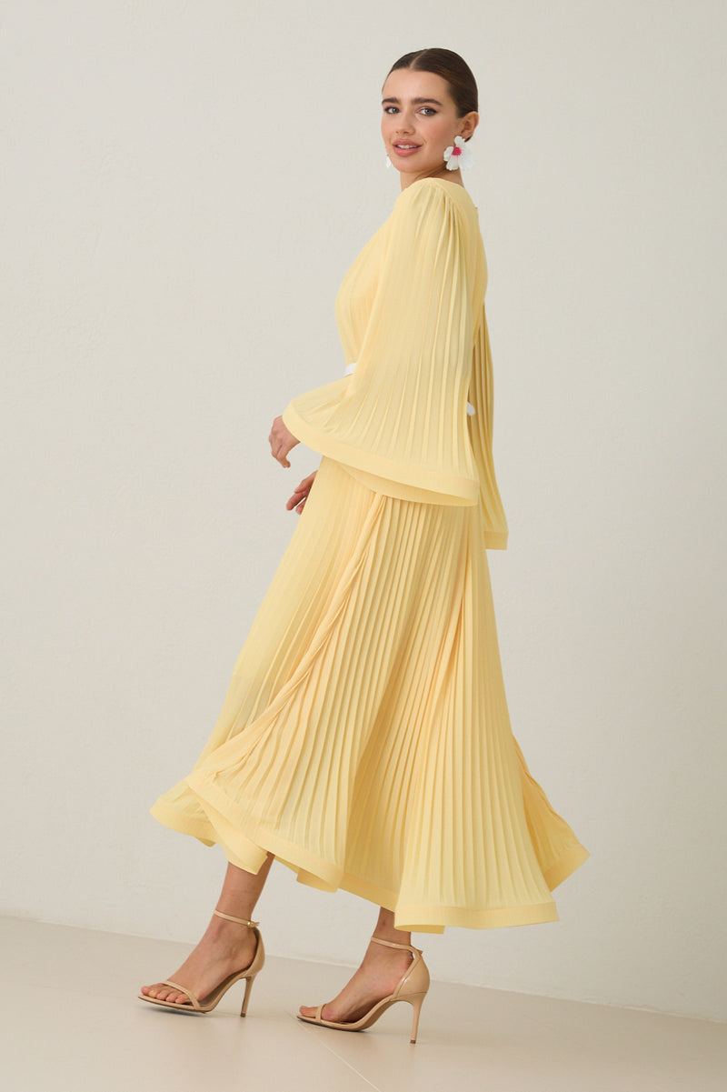Setre Waist Belt And Pleat Detailed Midi Length Dress Light Yellow